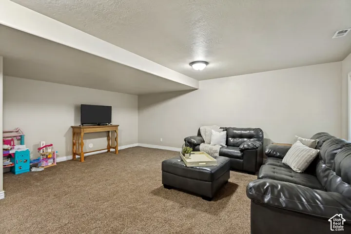Neutral-toned interior space featuring wall-to-wall carpeting and a ceiling-mounted light fixture