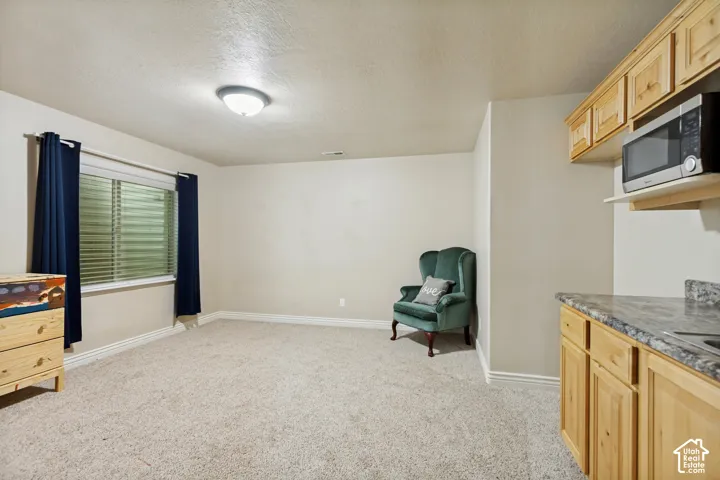 Light wood-finish cabinetry, built-in microwave, stone-patterned laminate countertop, neutral wall-to-wall carpeting, and an egress window