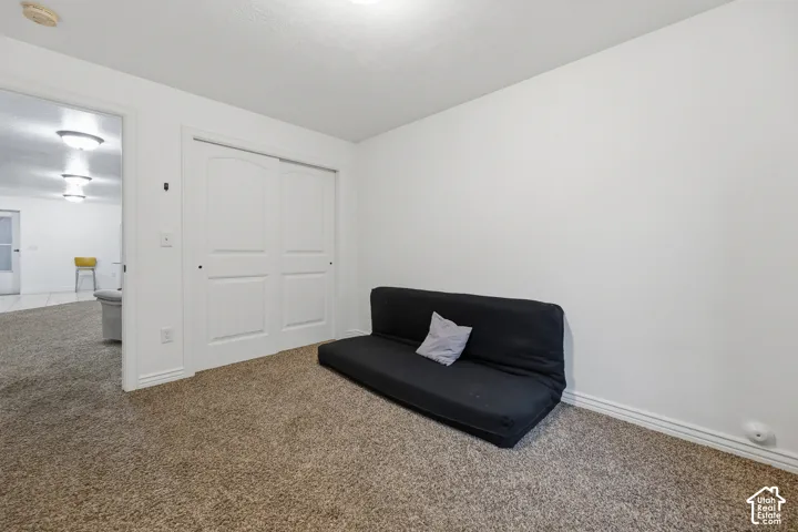 Interior room featuring neutral wall paint, carpeted flooring, and a double-door closet