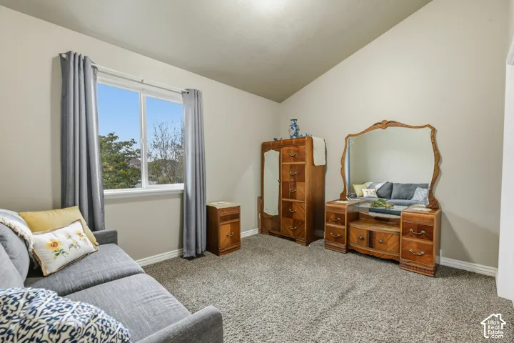 Room featuring neutral-toned walls, high vaulted ceilings, wall-to-wall carpeting, and a window with a horizontal sliding pane
