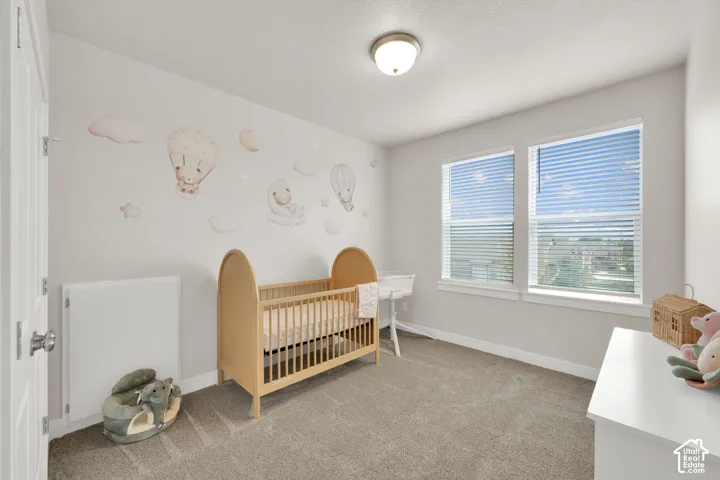 Neutral wall tones, wall-to-wall carpeting, dual-pane windows with horizontal blinds, and a centered flush-mount light fixture