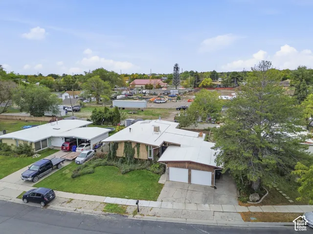 Single-level residence featuring a low-slope roof, two-car garage, concrete driveway, and mature landscaping