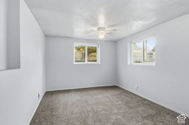 Neutral-toned carpeted flooring, dual vinyl-framed windows, and a central ceiling fan with an integrated light fixture