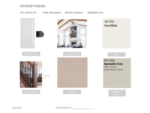 Interior Finishes Schedule. Listing specified paint colors, materials, and architectural components for the property