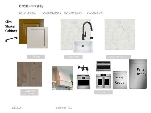 Design Specification Sheet. Cataloging the material selections and appliance features for the kitchen of the property