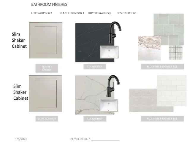Bathroom Finishes Specification Sheet. Outlining the material and hardware selections for the property