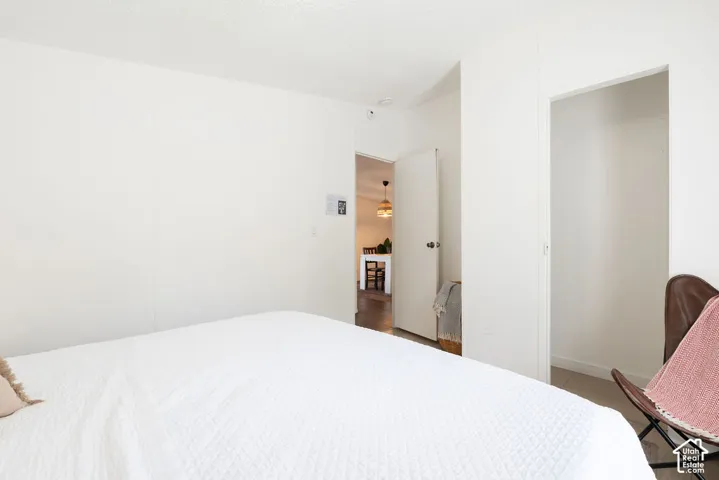 Neutral-toned interior space featuring light-colored wall surfaces, a solid-core interior door, and a built-in walk-in closet