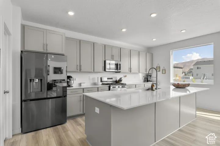 Kitchen featuring light gray shaker-style cabinetry, quartz countertops, a central island with a built-in sink, stainless steel appliances, and wood-finish flooring