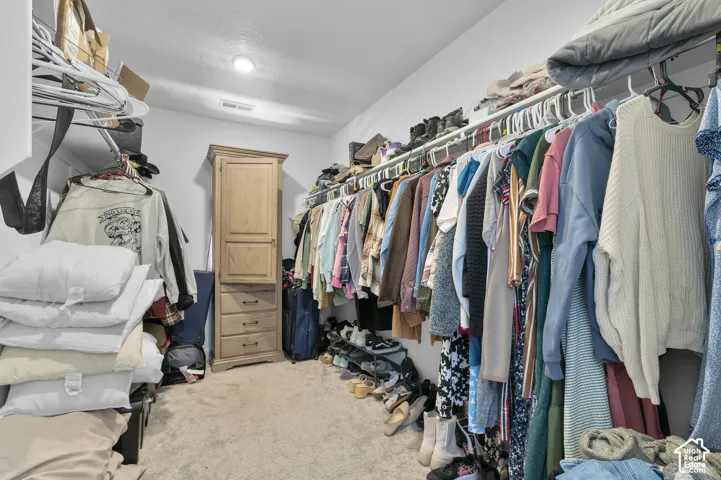 Walk-in closet featuring floor-to-ceiling wooden cabinetry with integrated drawers, wall-to-wall carpeting, and tiered wire shelving