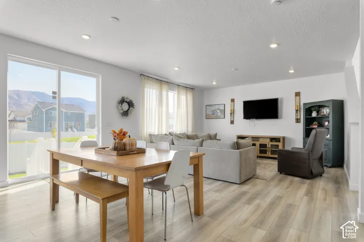 Open-concept interior featuring wood-finish flooring, recessed lighting, and a glass sliding door providing outdoor access