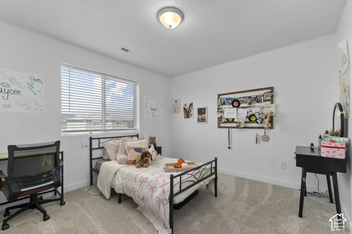 Neutral-toned carpeted flooring, white walls, and a large window with horizontal blinds
