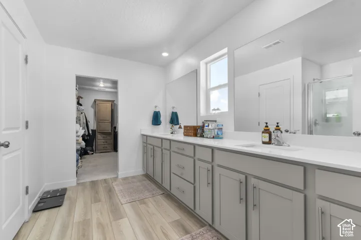 Dual-sink vanity with light gray cabinetry, white countertops, full-width wall mirrors, and wood-finish flooring