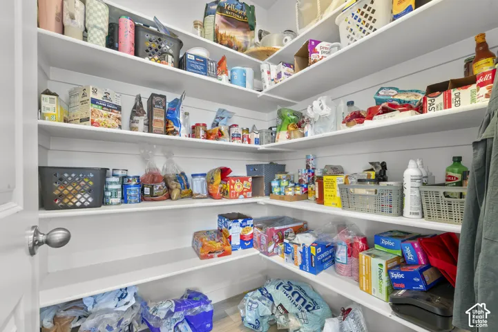 Pantry featuring wrap-around shelving with horizontal shiplap-style wall paneling and a satin nickel door handle
