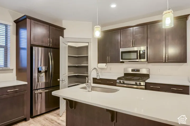 Kitchen featuring dark-finish cabinetry, stone-style countertops, stainless steel appliances, a center island with a stainless steel undermount sink, and a walk-in pantry