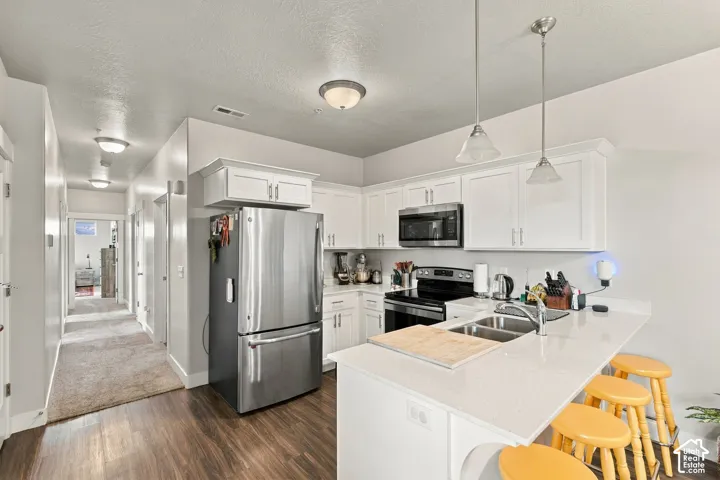 Kitchen featuring white cabinetry, stainless steel appliances, a double basin sink, and a countertop peninsula