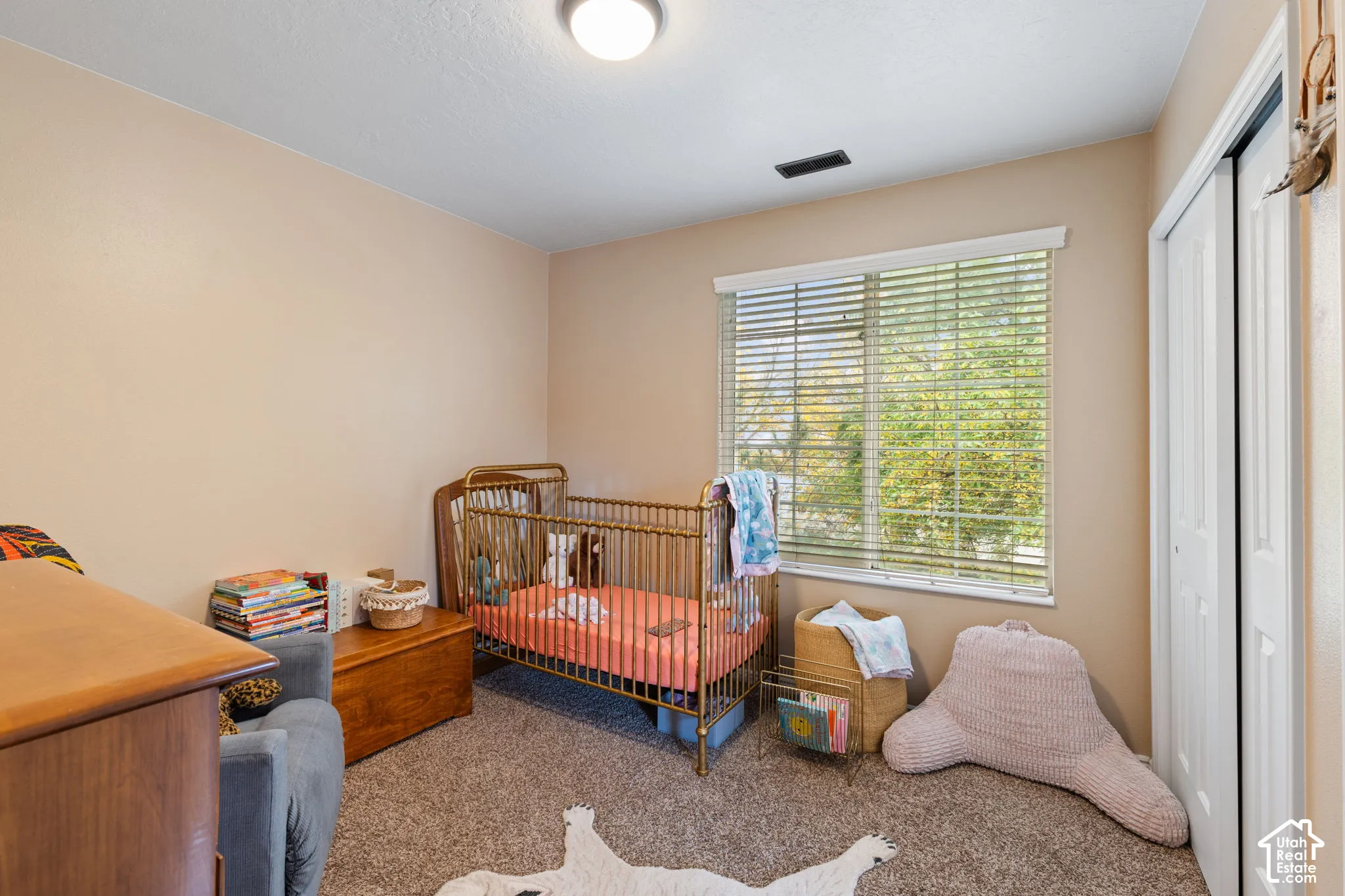 Neutral-toned room featuring wall-to-wall carpeting, a multi-pane window with horizontal blinds, and a built-in sliding closet