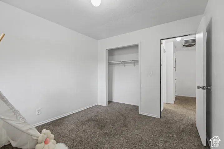 Neutral-toned carpeting, white walls, and built-in closet shelving