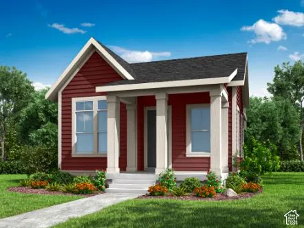 Red lap siding exterior featuring a covered front porch with square columns, a steep gabled roofline, and rectangular window configurations