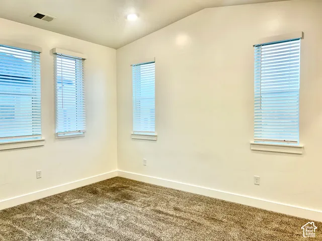 Vaulted ceiling, neutral wall tones, carpeted flooring, and four windows equipped with horizontal blinds