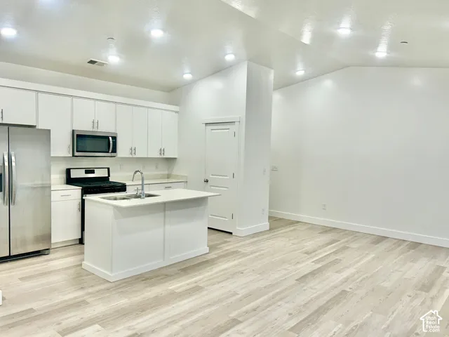 Kitchen featuring white cabinetry, an island with a dual-basin sink, stainless steel appliances, and wood-finish flooring under recessed lighting