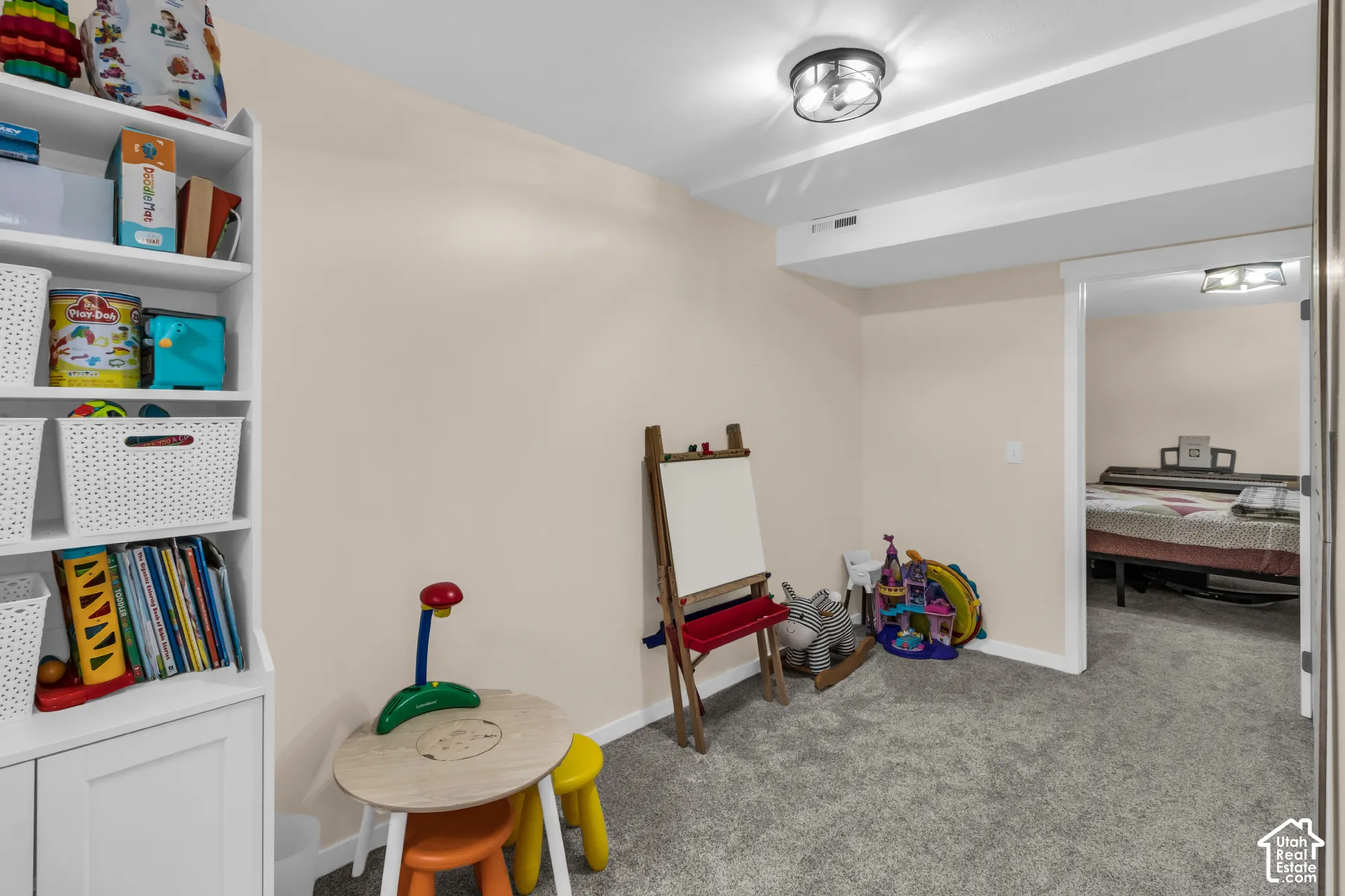 Built-in white shelving, wall-to-wall carpeting, and flush-mount lighting fixtures