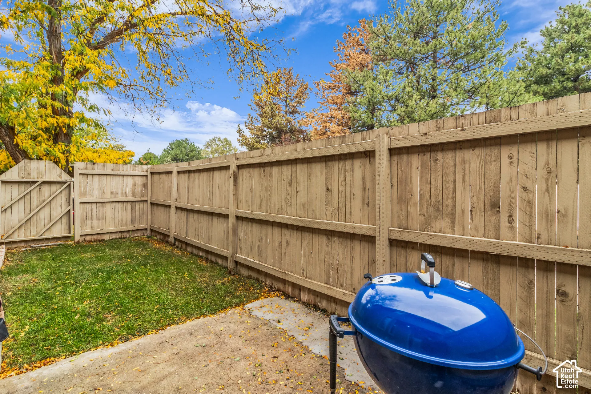 Fenced backyard featuring a wood privacy fence, concrete patio, and grass area