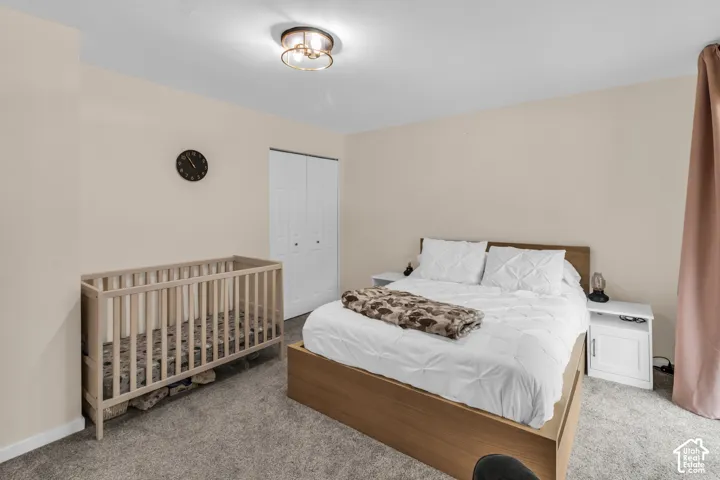 Room featuring neutral-toned walls, carpeting, a dual-door closet, and a flush-mount circular ceiling light fixture