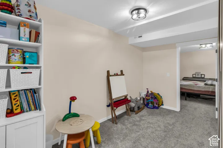 Built-in white shelving, wall-to-wall carpeting, and flush-mount lighting fixtures