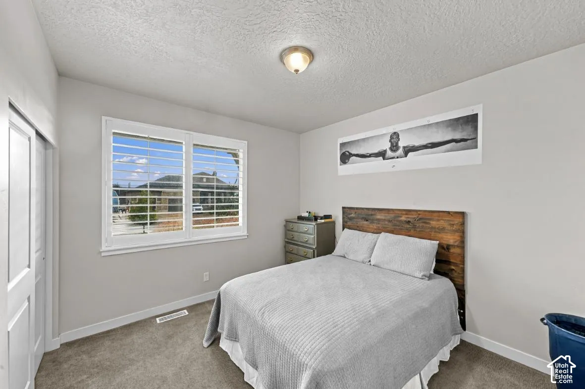 Room featuring neutral-toned walls, carpeting, a ceiling-mounted light fixture, and window shutters