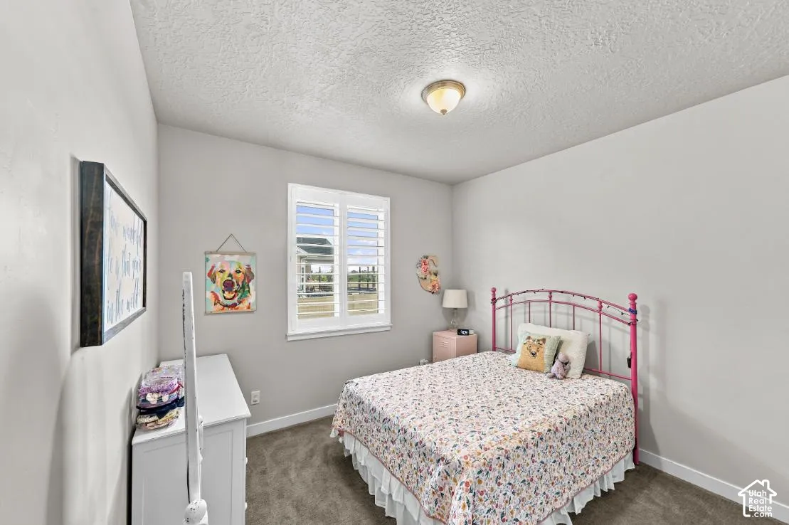 Neutral-toned bedroom featuring carpeted flooring, a single window with plantation-style shutters, and a flush-mount ceiling fixture