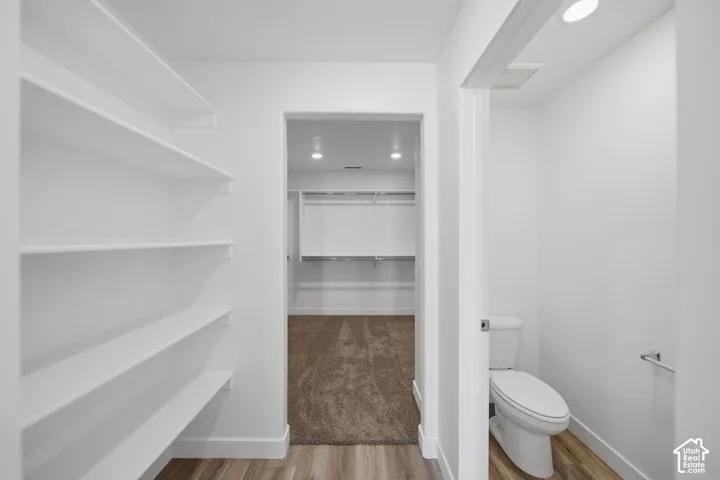 Storage area featuring built-in shelving, wood-finish flooring, and recessed lighting, with access to a water closet and a walk-in closet with carpeted flooring