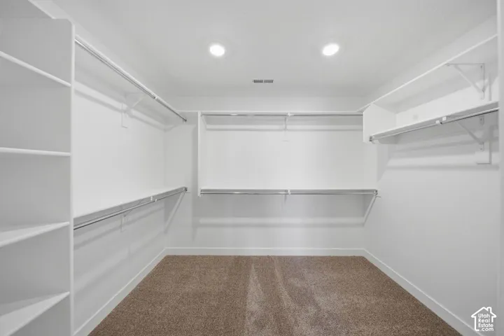 Walk-in closet featuring floor-to-ceiling built-in shelving, multi-level hanging rods, recessed lighting, and wall-to-wall carpeting