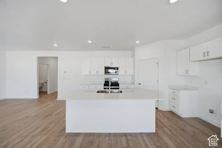 Kitchen featuring white shaker-style cabinetry, an expansive center island with a dual-basin undermount sink, solid surface countertops, stainless steel appliances, and wood-finish flooring