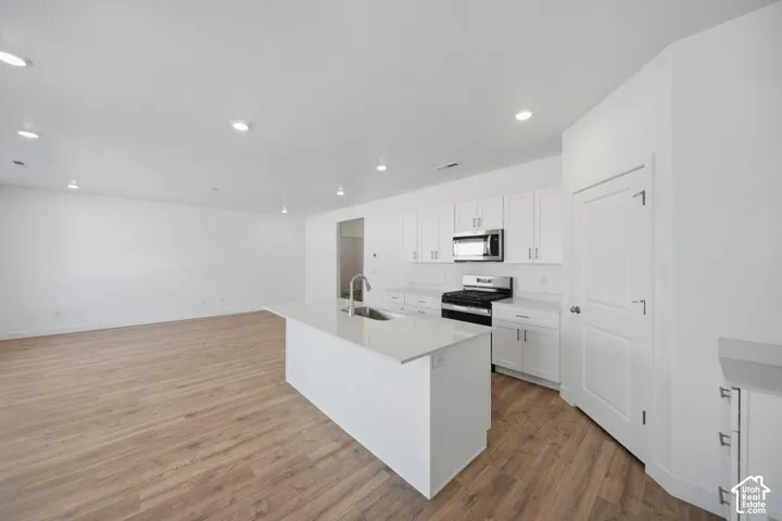 Kitchen featuring white shaker-style cabinetry, quartz countertops, a central island with an undermount sink, stainless steel appliances, and wood-finish flooring