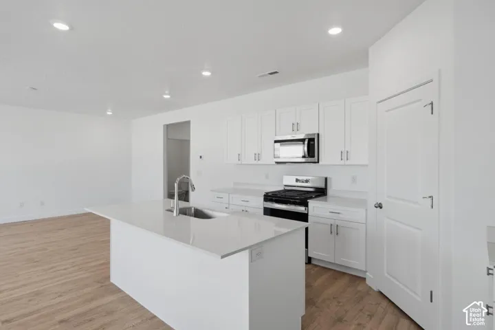 Kitchen featuring white shaker-style cabinetry, quartz countertops, a central island with an undermount sink, stainless steel appliances, and wood-finish flooring