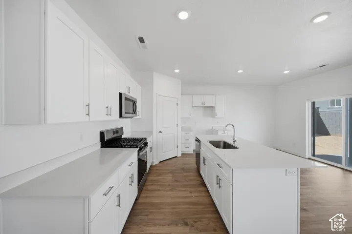 Kitchen featuring white cabinetry, quartz countertops, wood-finish flooring, a stainless steel kitchen island sink, and built-in appliances