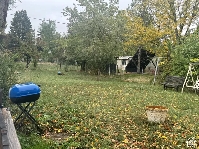 Expansive backyard featuring a large grass lawn, mature trees, and a perimeter fence