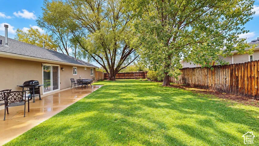 Rear exterior featuring a concrete patio, expansive grass lawn, mature trees, and a tall wood privacy fence