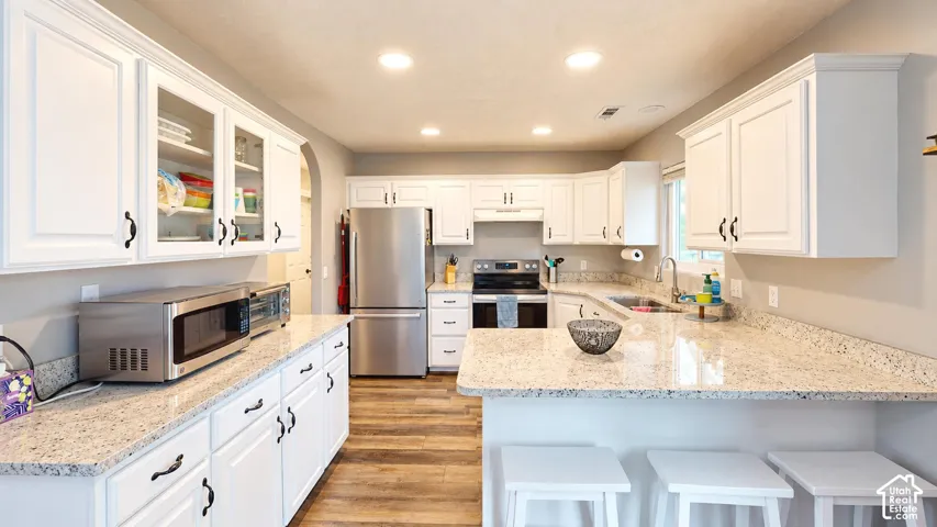 Kitchen featuring white shaker-style cabinetry, stone countertops, stainless steel appliances, recessed lighting, and wood-finish flooring