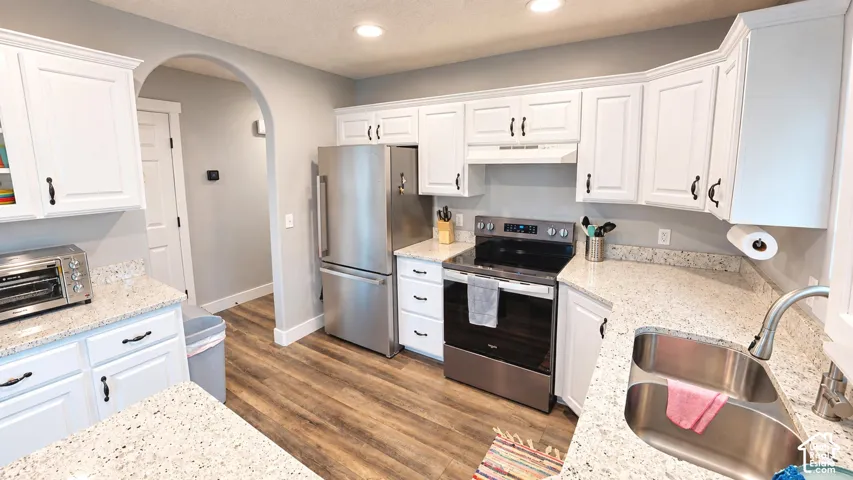 Kitchen featuring white shaker-style cabinetry, speckled stone countertops, stainless steel appliances, a double-basin undermount sink with a gooseneck faucet, and wood-finish flooring with arched architectural detailing
