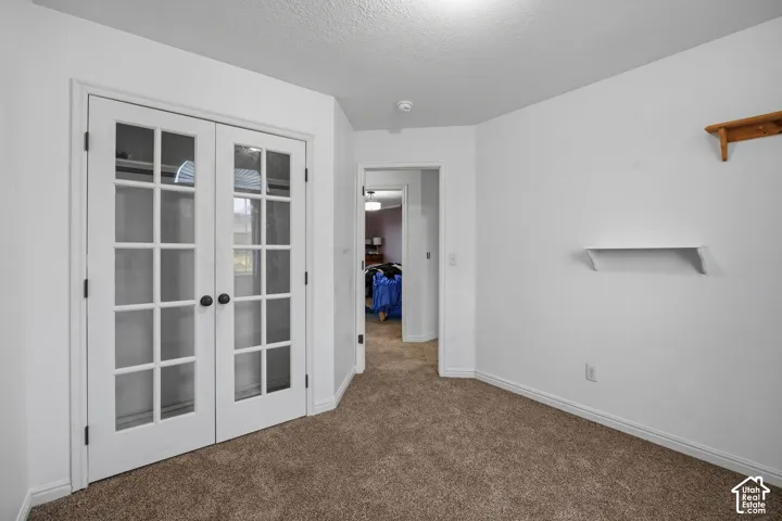 Double French doors with glass panes, wall-mounted shelving, and carpeted flooring