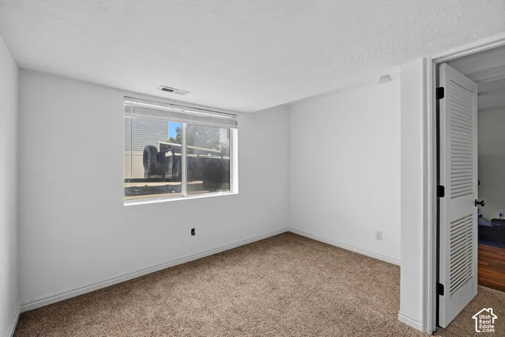 Neutral-toned carpeting, white-painted walls, and a louvered-panel door featuring black hardware