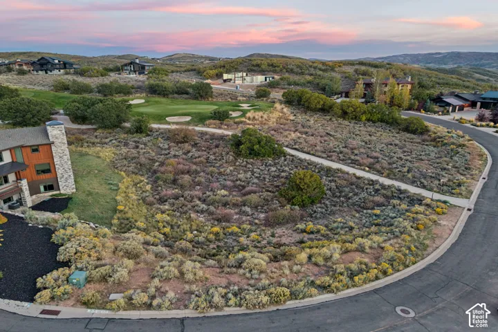 Expansive lot featuring natural landscaping, paved road frontage, and a concrete pathway