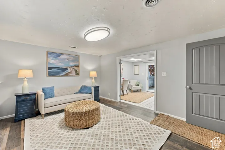 Wood-finish flooring, oval flush-mount lighting, and a solid-core gray paneled door