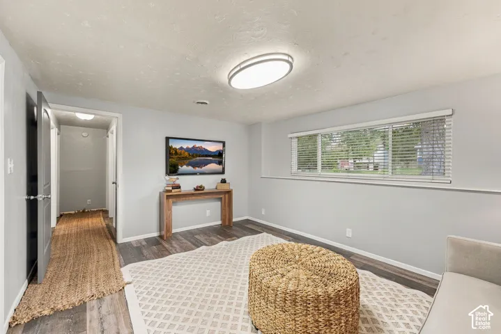 Neutral-toned interior featuring wood-finish flooring, a broad picture window with horizontal blinds, and a flush-mount overhead light fixture
