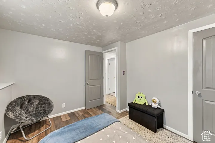 Wood-finish flooring, neutral wall tones, textured ceiling finish, and dual-panel interior doors with satin nickel hardware