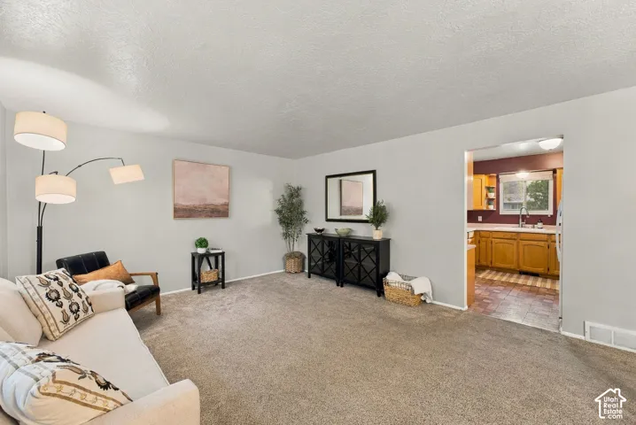 Neutral-toned walls with wall-to-wall carpeting and an open entryway to the kitchen featuring natural wood-finish cabinetry