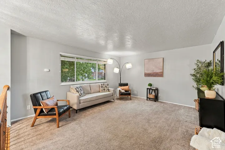 Neutral wall color, wall-to-wall carpeting, large picture window, and wooden handrail