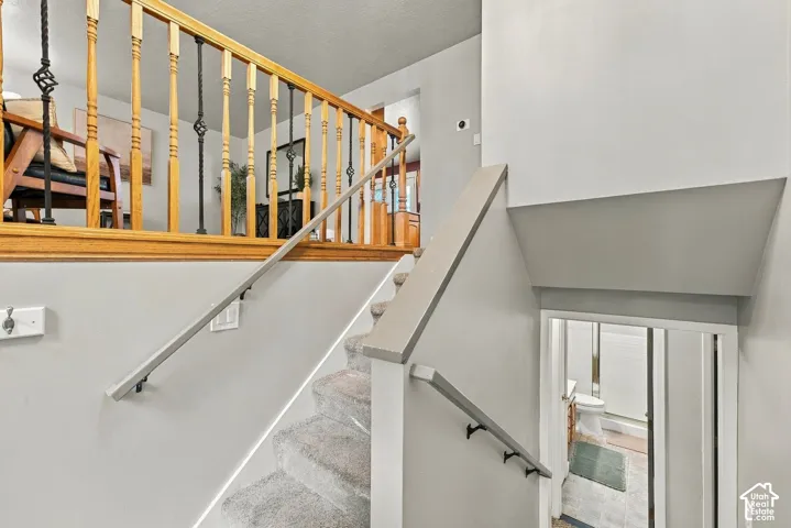 Staircase featuring carpeted steps, a wood-finish handrail, and a decorative railing with iron balusters
