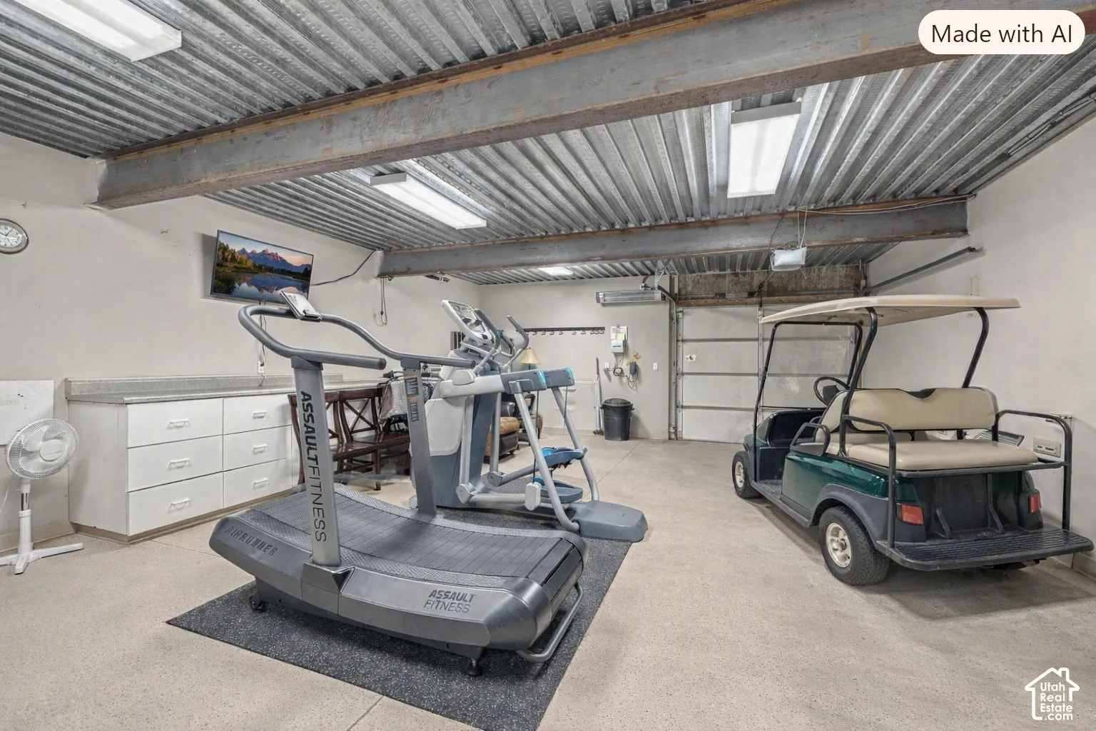 Amazing 28'X22' MAN CAVE, GOLF CART, ATV, EXERCISE ROOM, WORKSHOP, STORAGE ROOM! Pathway from Driveway to this Garage Door for easy Golf Cart, ATV storing! Golf Course One Block South!  Digitally removed furniture and added Golf Cart.